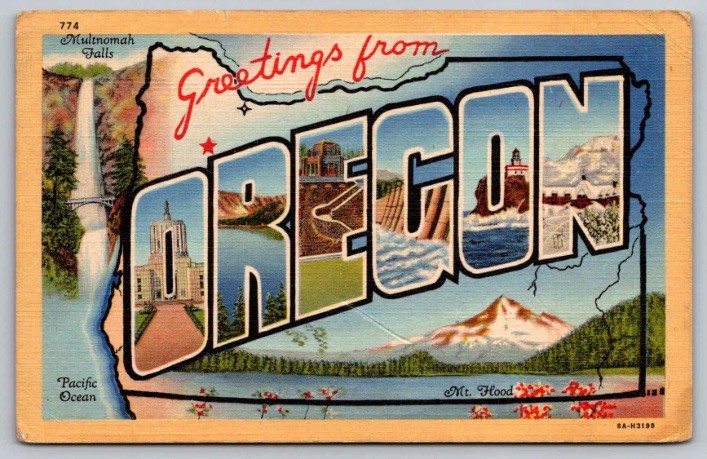 c1938 Greetings From Oregon Large Letter Multnomah Falls Mt Hood Linen Postcard c1938 Greetings From Oregon Large Letter Multnomah Falls Mt Hood Linen Postcard