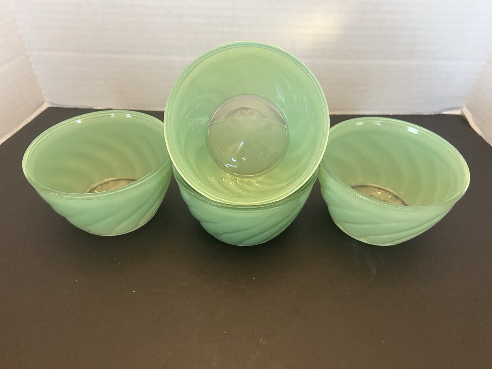 Set of 4 Glasbake Sue Bee Honey Seafoam Green Swirl Glass Bowls MCM 1950\'s Set of 4 Glasbake Sue Bee Honey Seafoam Green Swirl Glass Bowls MCM 1950\'s