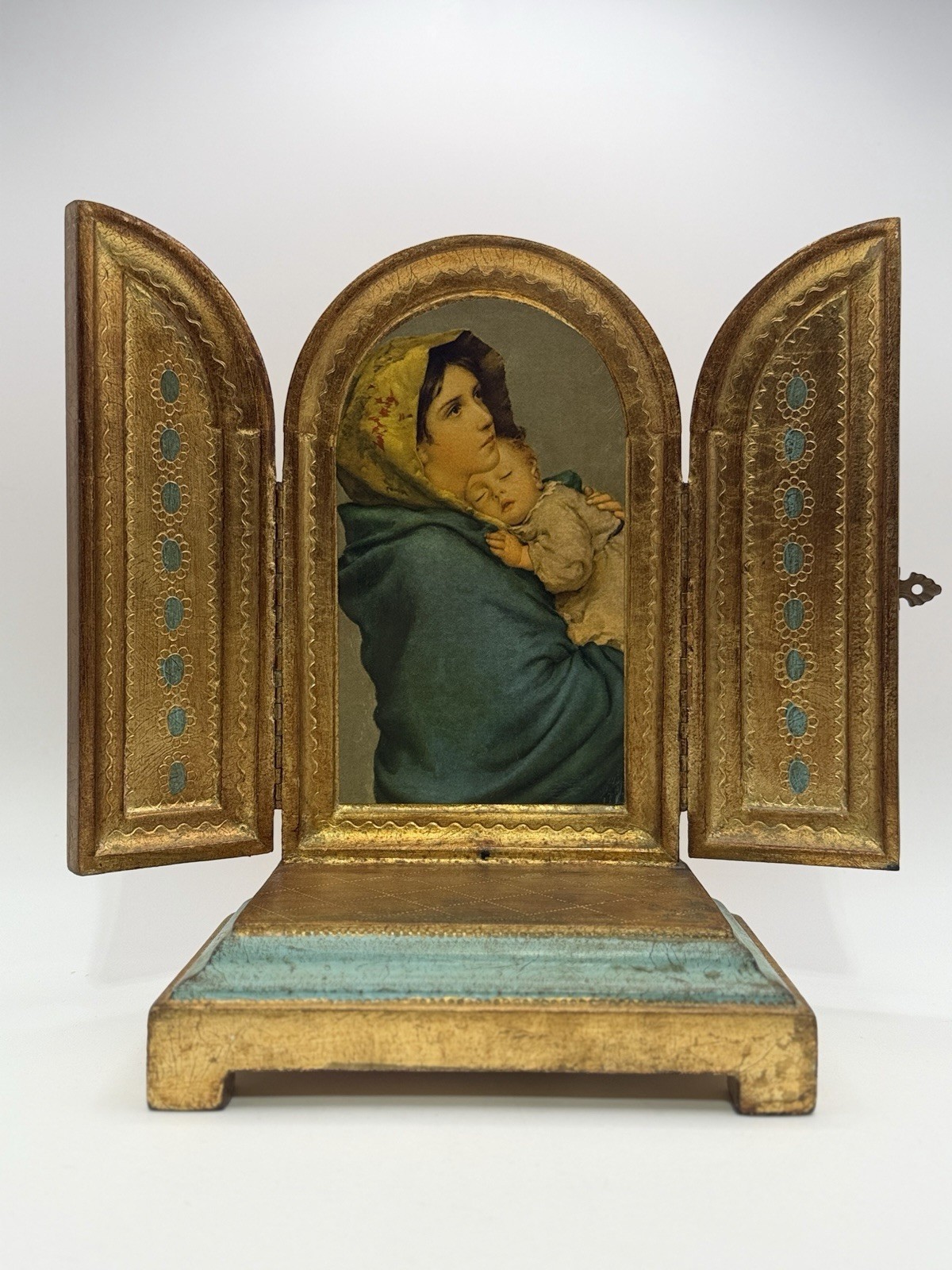 Vintage Italian Florentine Gilt Wood Triptych Madonna Child Icon Music Box