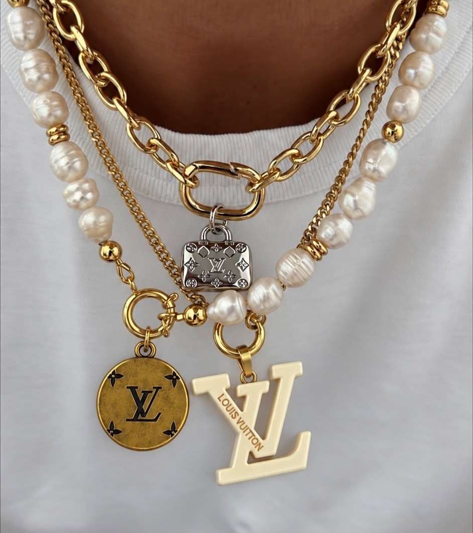 LOT OF 3 LV Louis Vuitton zipper pull charms buttons logo pearl gold silver