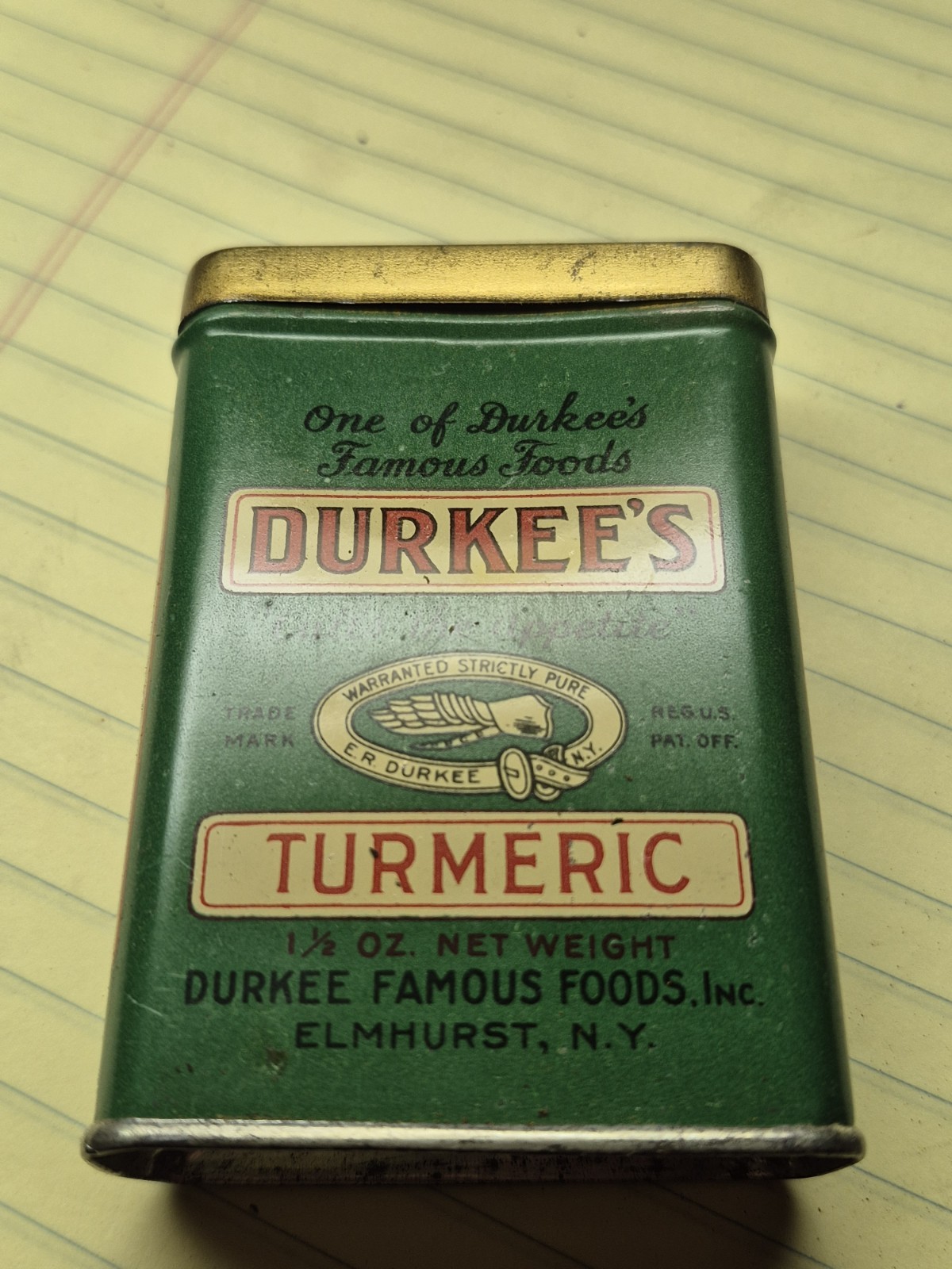 Vintage 1930\'s Durkee\'s Turmeric Spice Tin Elmhurst NY Dark Green Full Unopened Vintage 1930\'s Durkee\'s Turmeric Spice Tin Elmhurst NY Dark Green Full Unopened