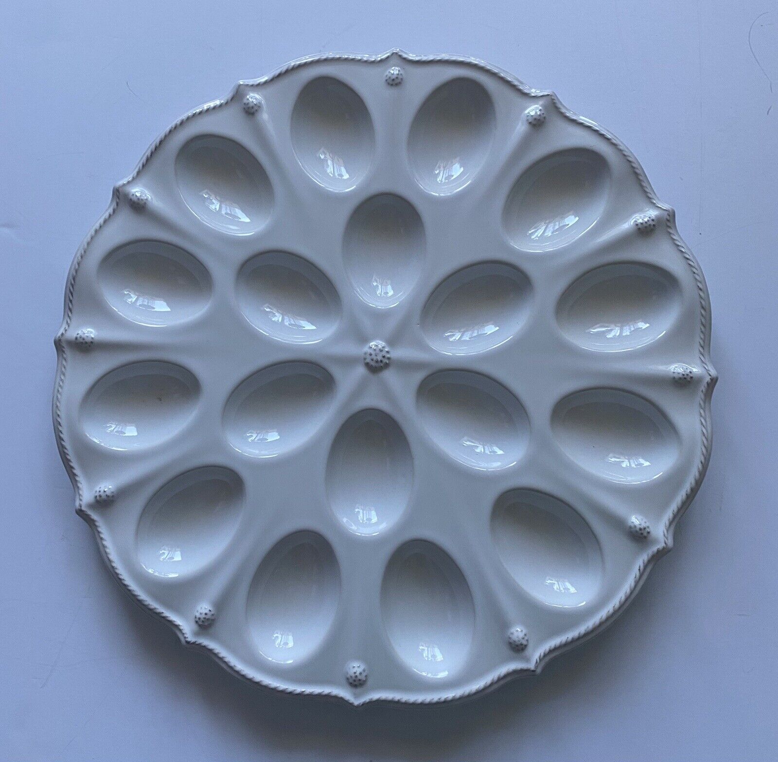 Juliska Ceramics Berry and Thread Whitewash Glossy Deviled Egg Plate 14” Round
