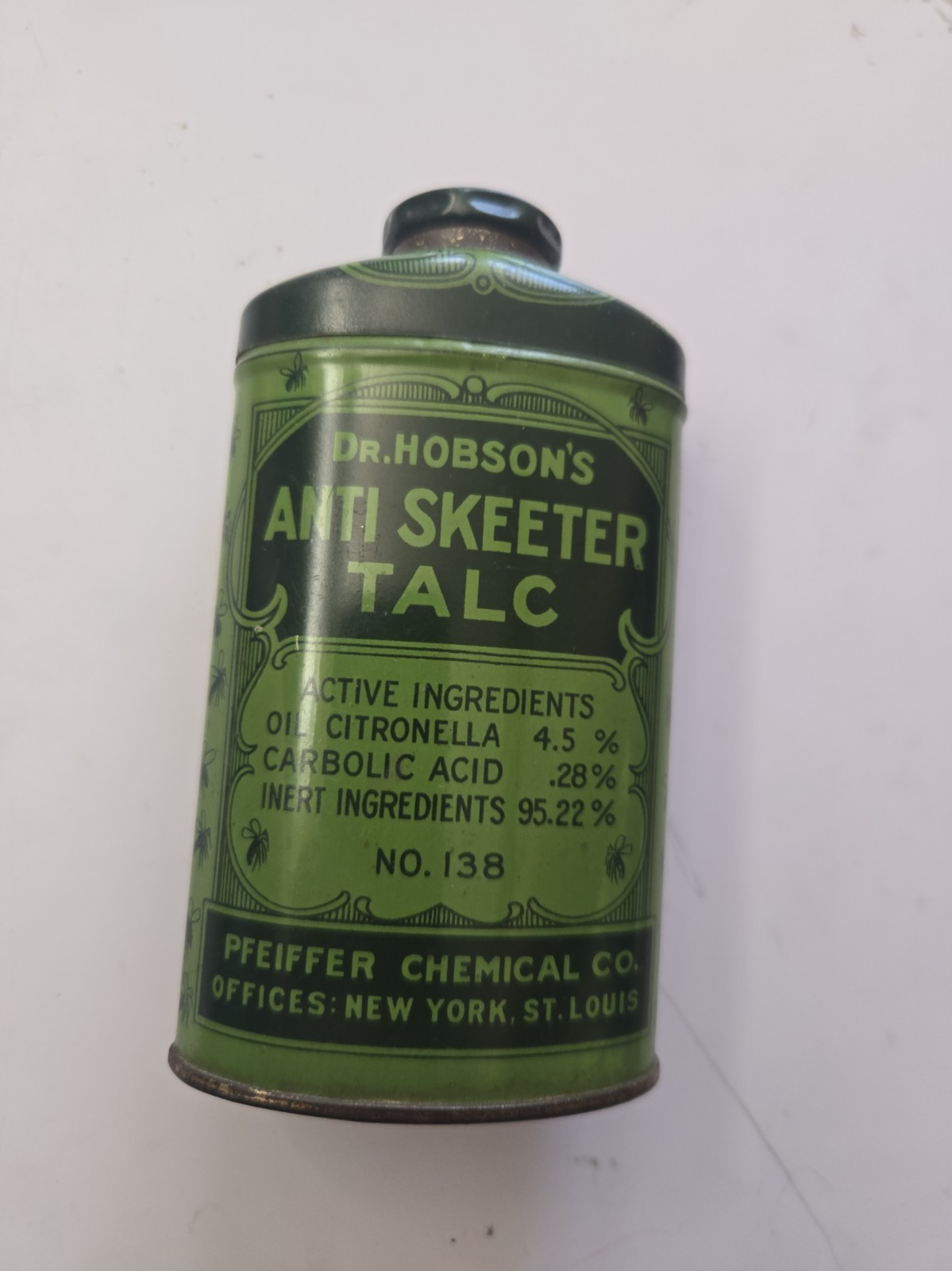 Vintage Dr. Hobson\'s Anti Skeeter Talc Tin No. 138 Old Talcum Powder Tin