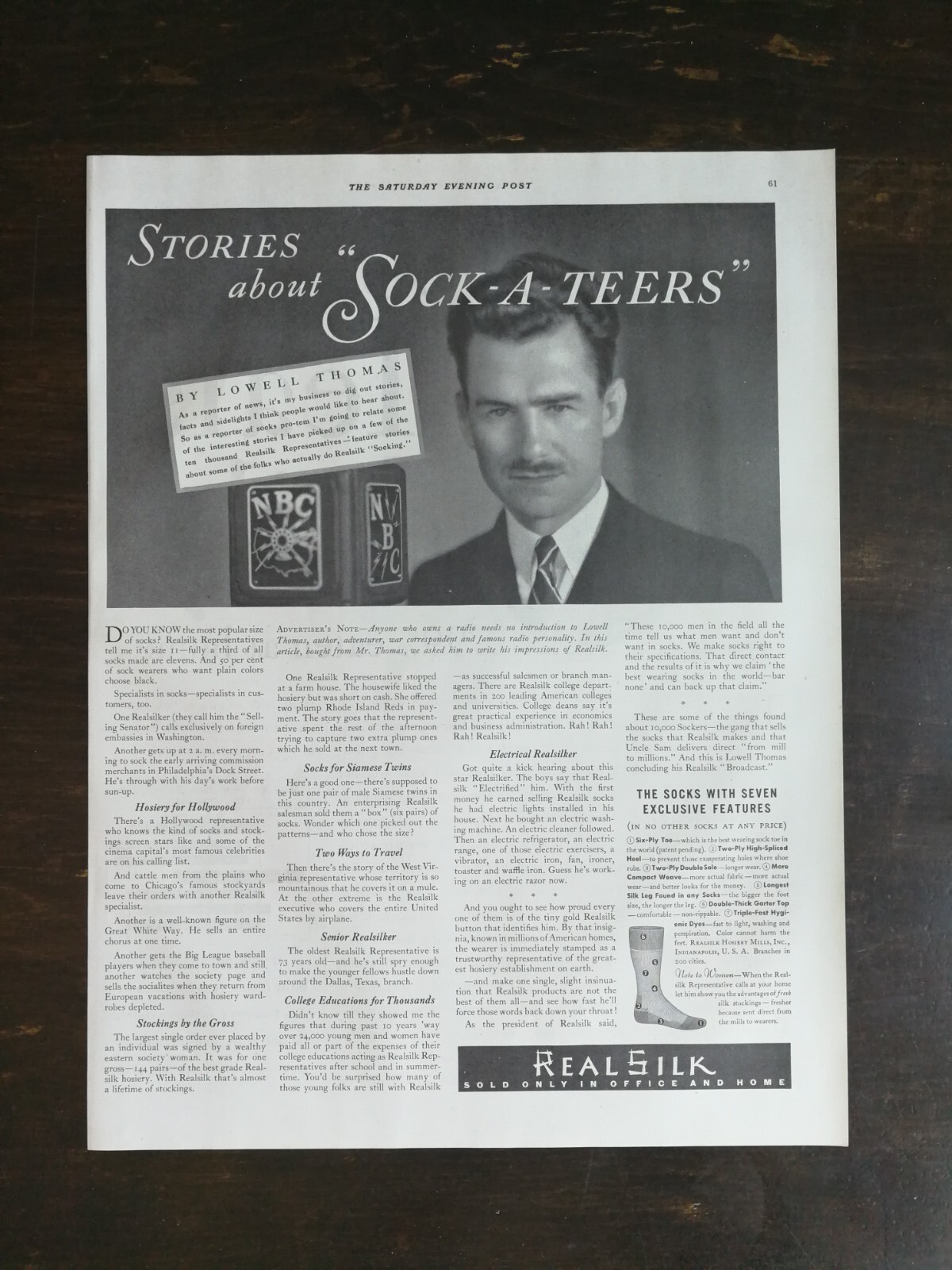 Vintage 1932 Men's Real Silk Men's Socks Full Page Original Ad 424