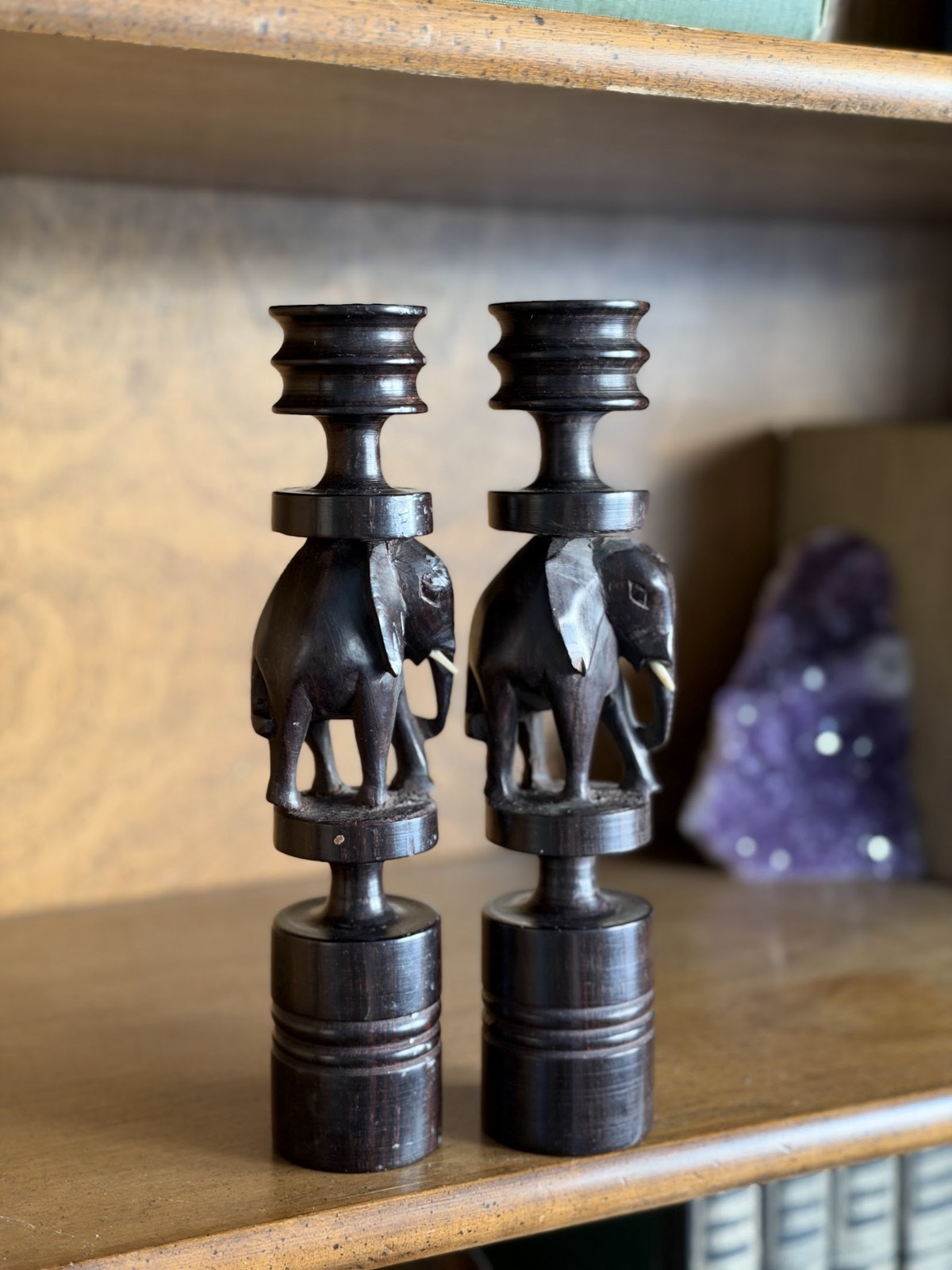 Vintage Candlestick Pair Carved Ebony Wood Elephant Candle Holders Elephant Deco