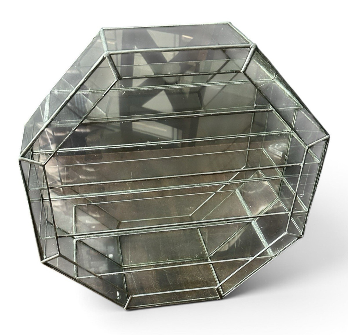 Vintage Glass & Brass Octagon Shaped Wall Or Table Curio Cabinet 15.75x15.75x4.2