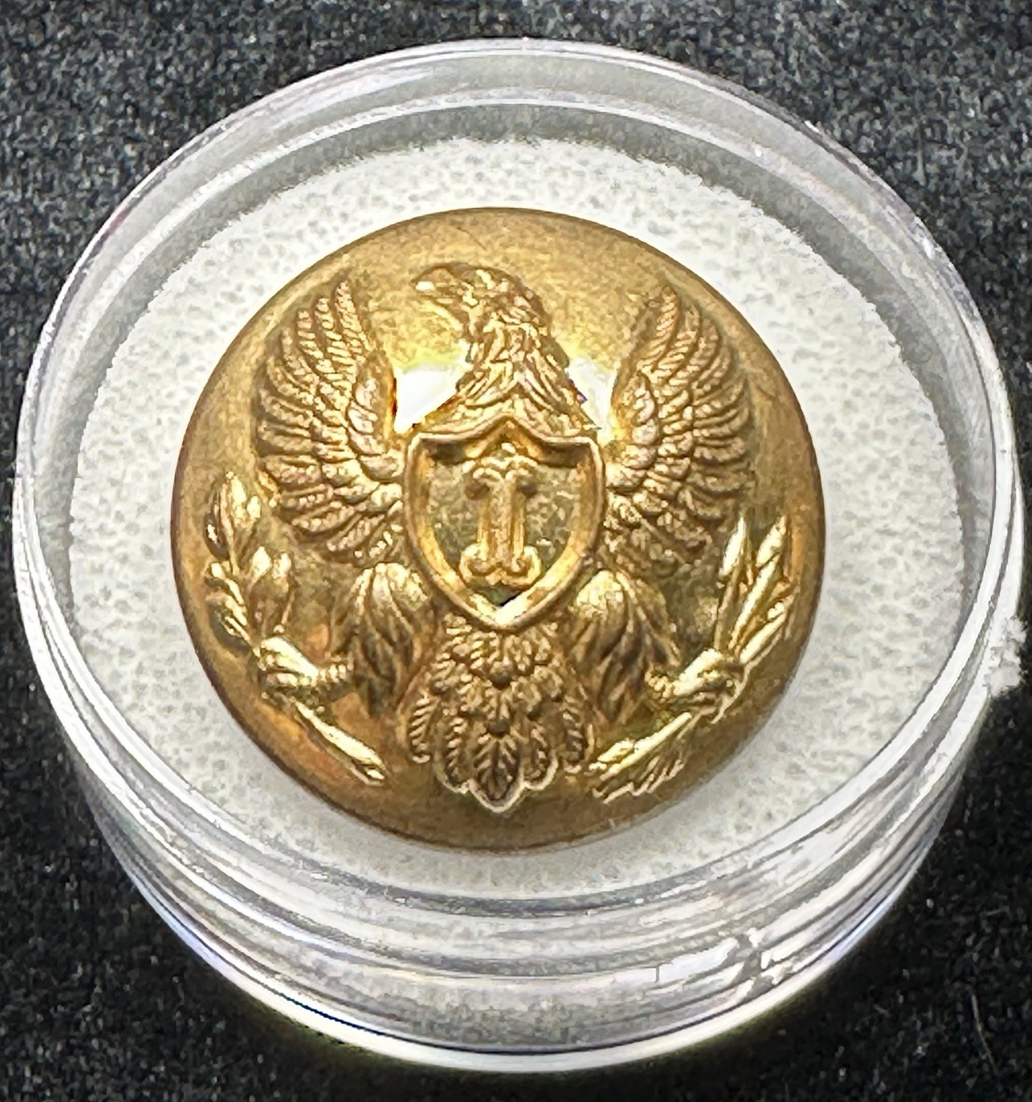 1860-1870 SCOVILL MF’G CO - WATERBURY OFFICER “I” INFANTRY BUTTON. Nice Shine