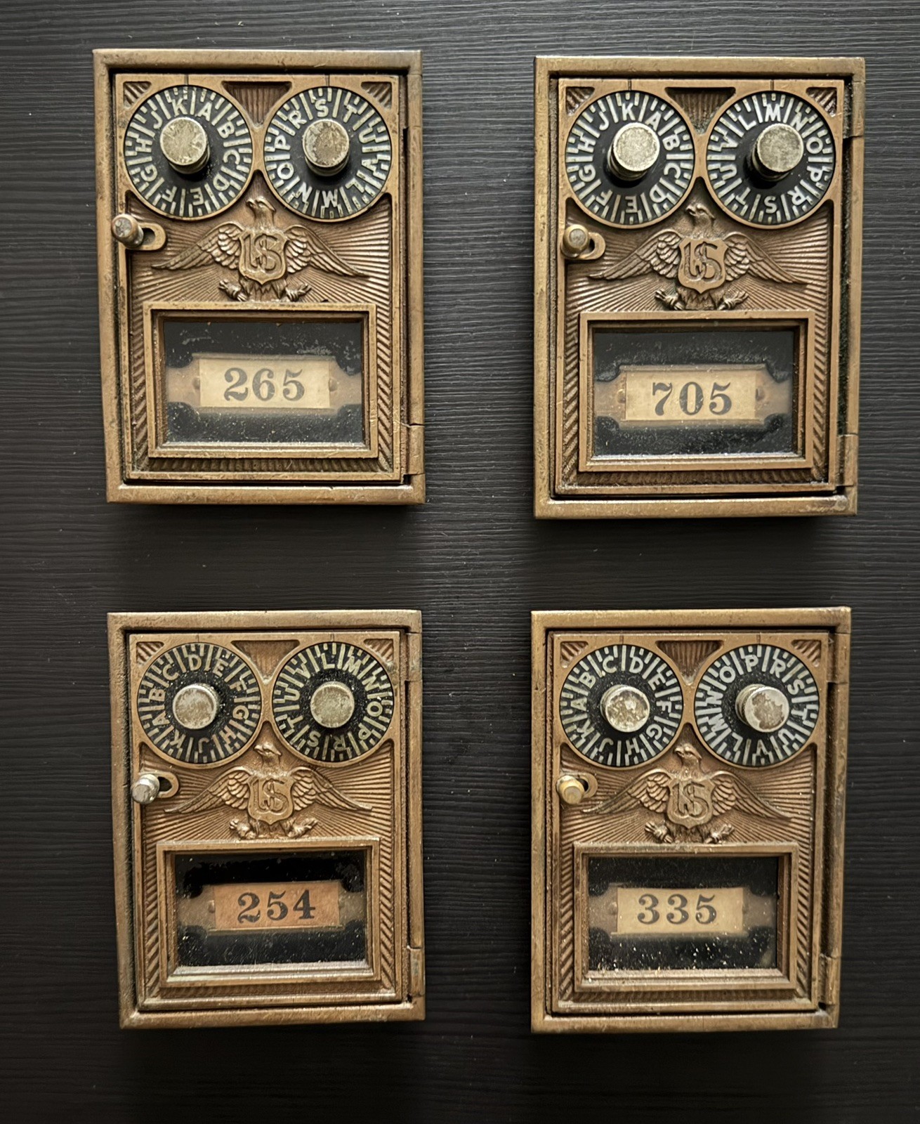 Vintage US Post Office 2-Dial Combination Brass Mail Box Door & Frame lot of 4 Vintage US Post Office 2-Dial Combination Brass Mail Box Door & Frame lot of 4
