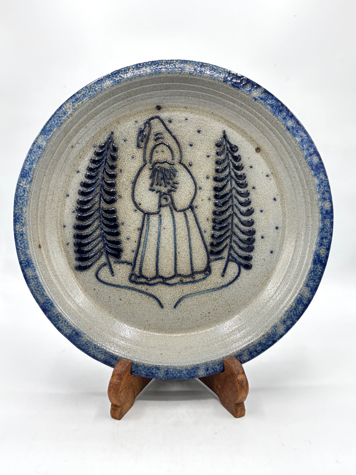 Santa Eldreth Pottery Salt Glazed Stoneware Pie Plate Dish 11” Blue Signed 1989