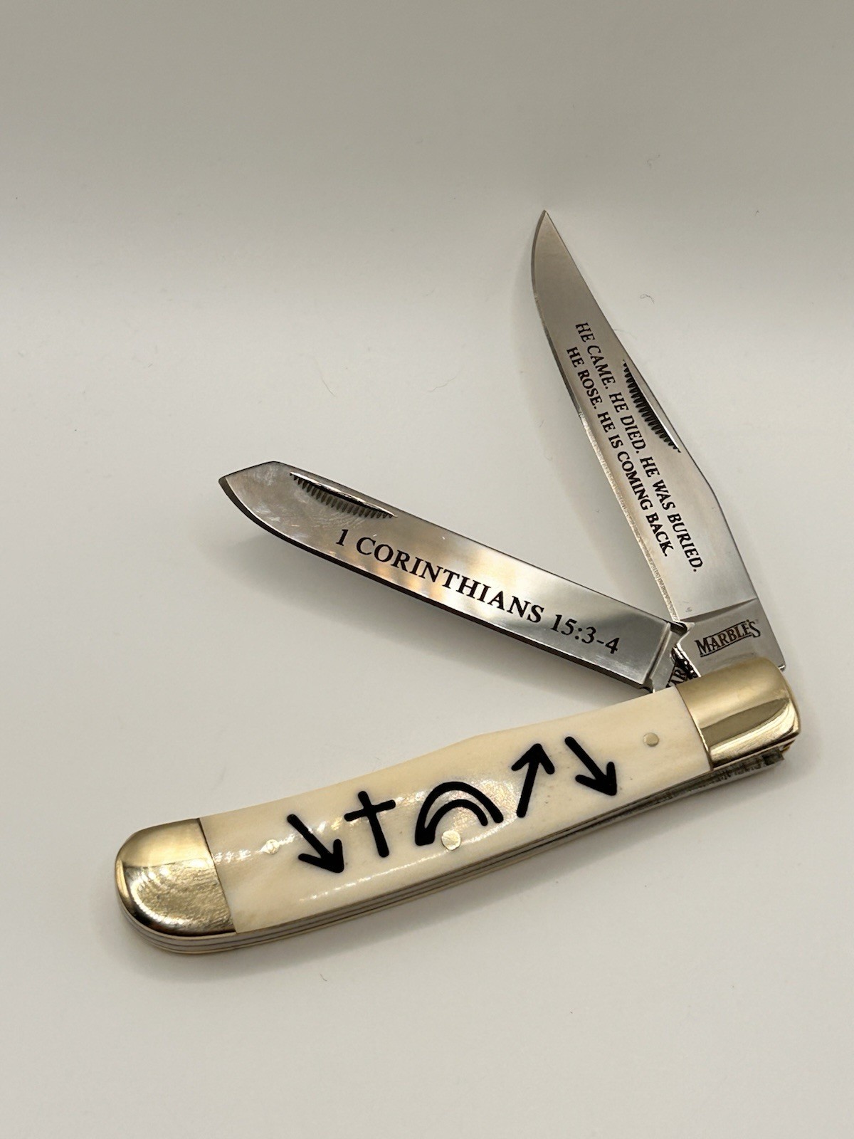 The Gospel of Jesus Custom Engraved Marbles White Bone Trapper Pocket Knife