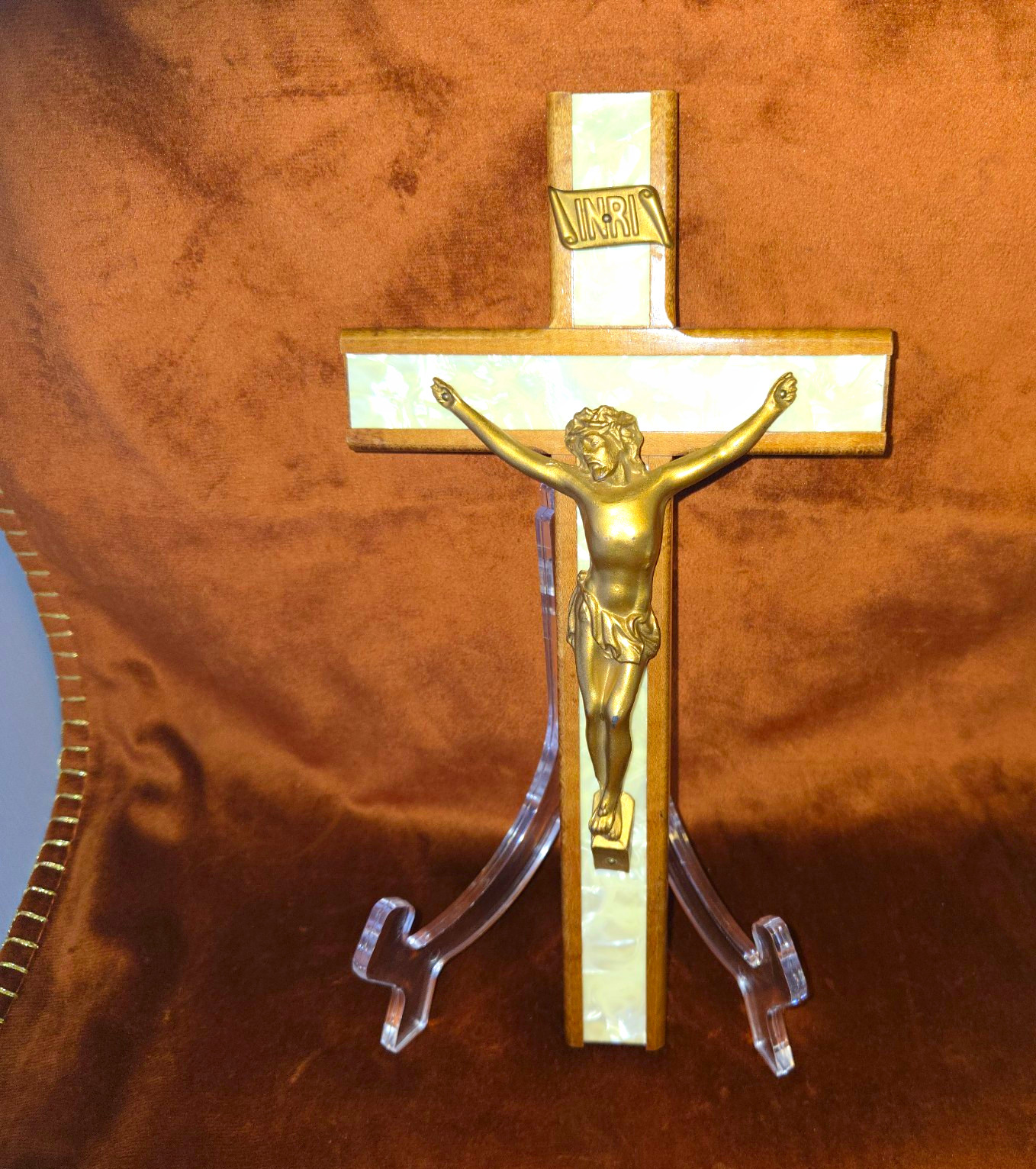 Wood & Mother Of Pearl Crucifix with Jesus- Gold Tone 10.5 In Approx