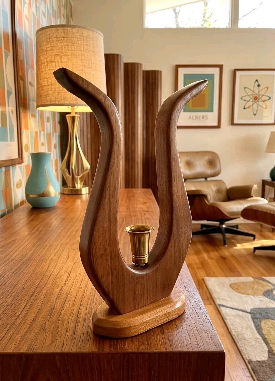 Mid-Century Danish Walnut Sculpted Wood Candle Stick Holder - MCM