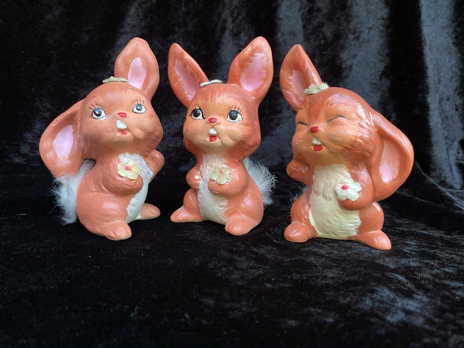 Vintage Norcrest Bunny Rabbit Figurine Trio Set 1950s Fur Tail Japan Kitsch