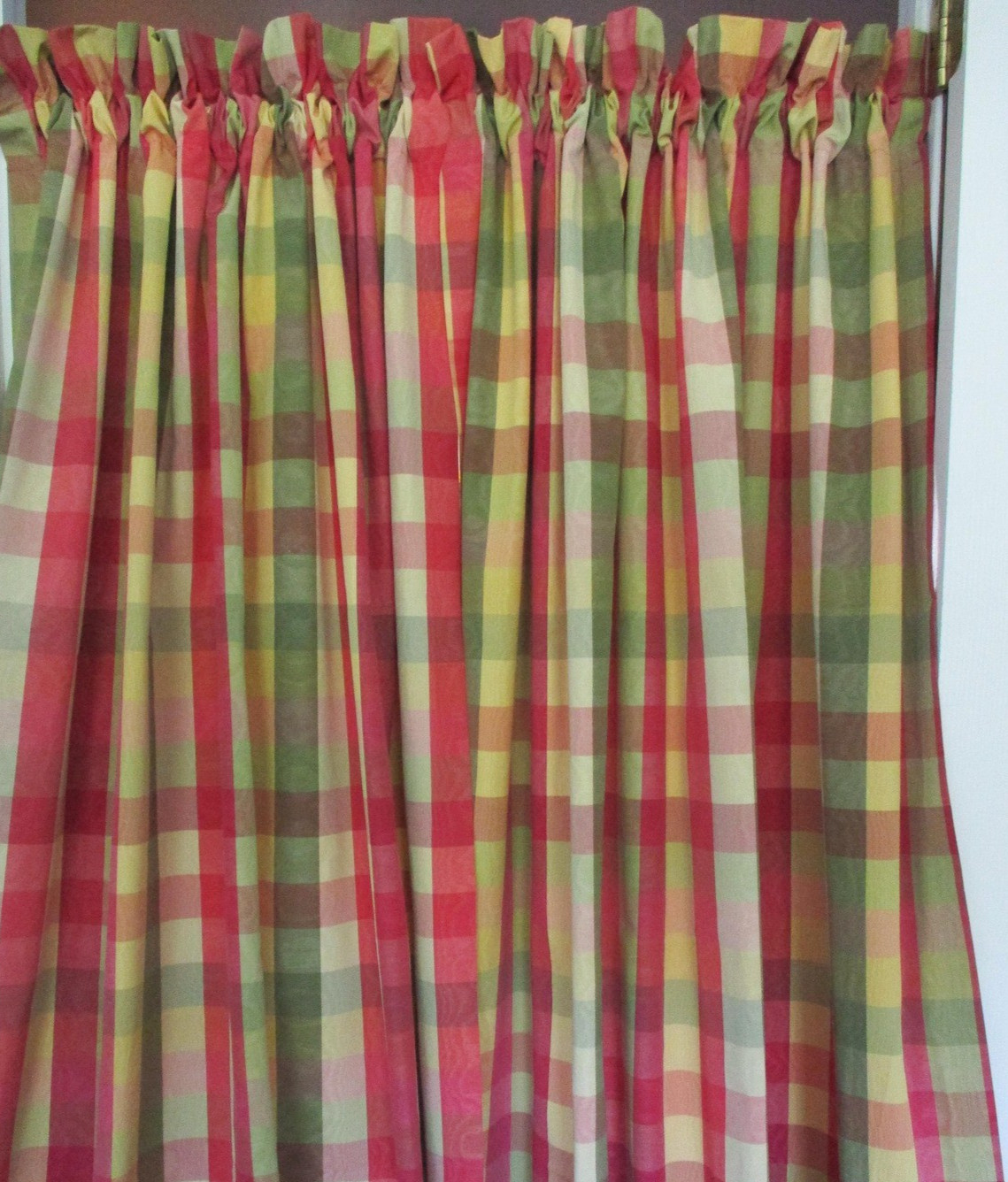 Country Curtains Brand Moire Taffeta 4 Panels Check Plaid Deep Pink Green Yellow