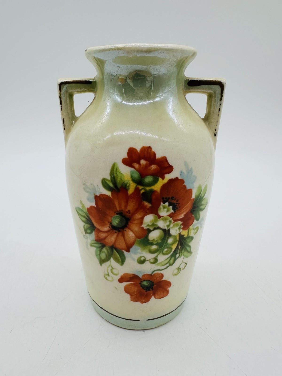 Czechoslovakia Ceramic Bud Vase Floral Pattern With Handles Vintage