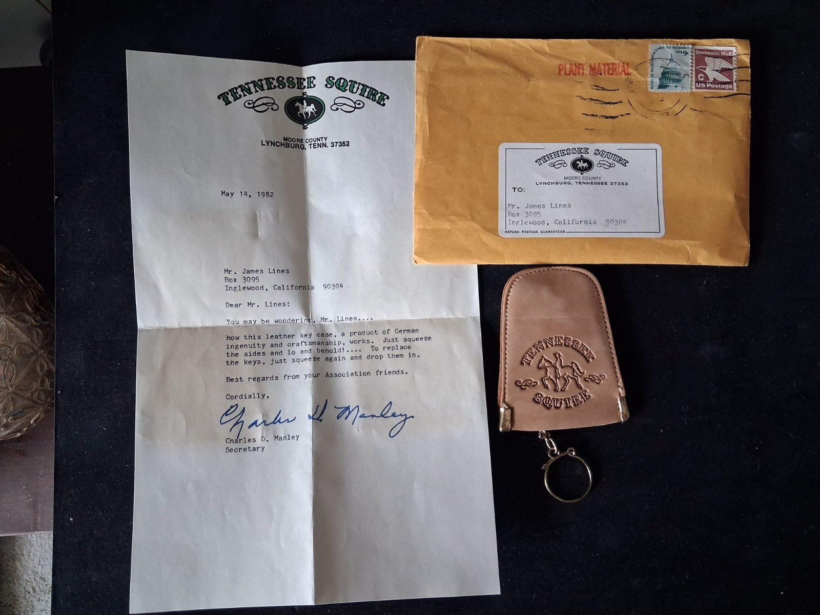 Jack Daniels Pres. Charles Manley 1982 Signed Letter & Leather Pouch + Envelope