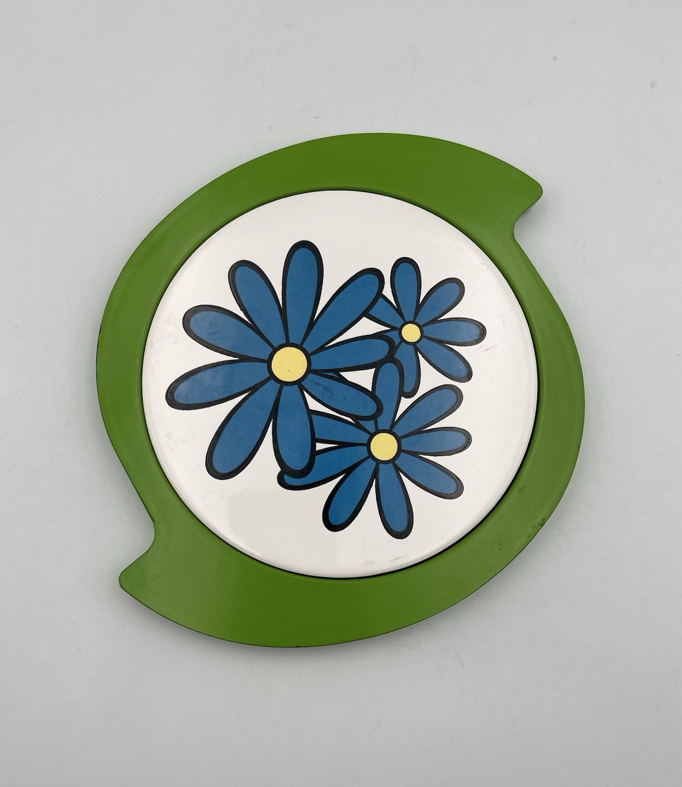 Vintage Encino Nasco Japan Trivet Blue Daisy Avocado Green 1970s Mod Floral