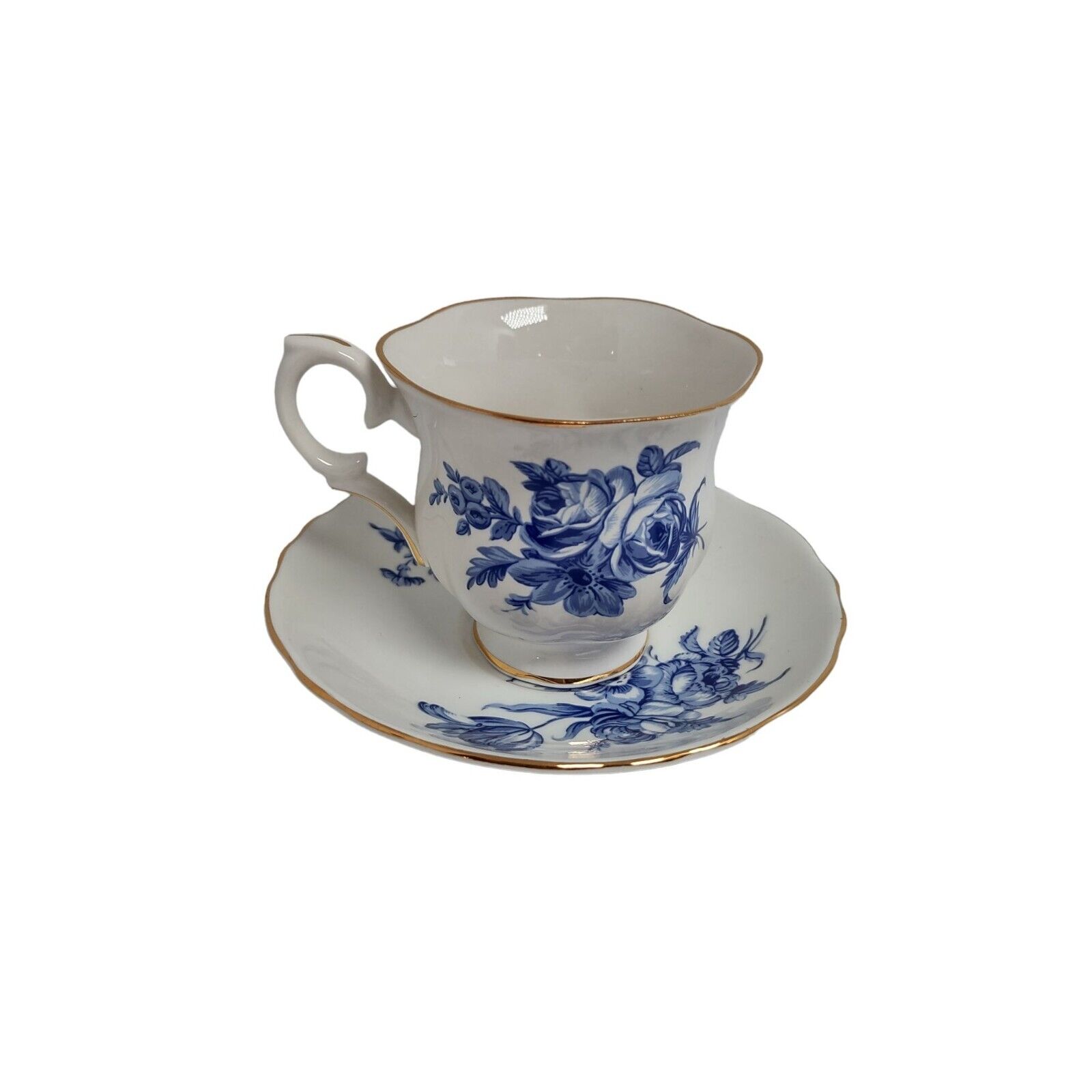 Vintage Collectible Crown Staffordshire England Blue Floral Teacup Saucer Set