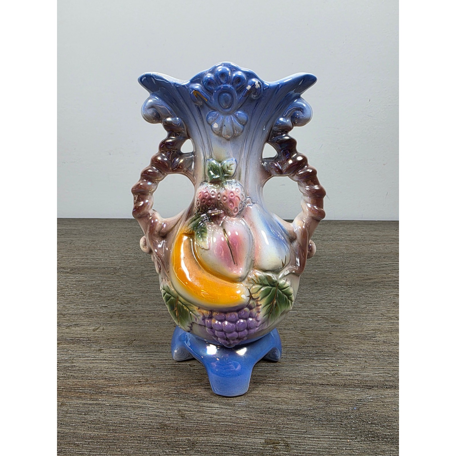 Vintage Blue Iridescent Fruit Motif Vase 8\