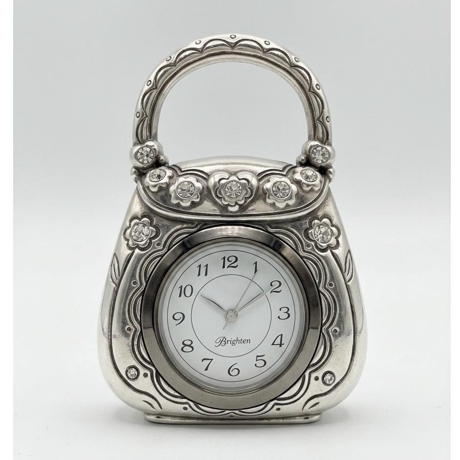 Brighton Silver Purse Desk Clock & Table Handbag Hook Floral Crystal Accent