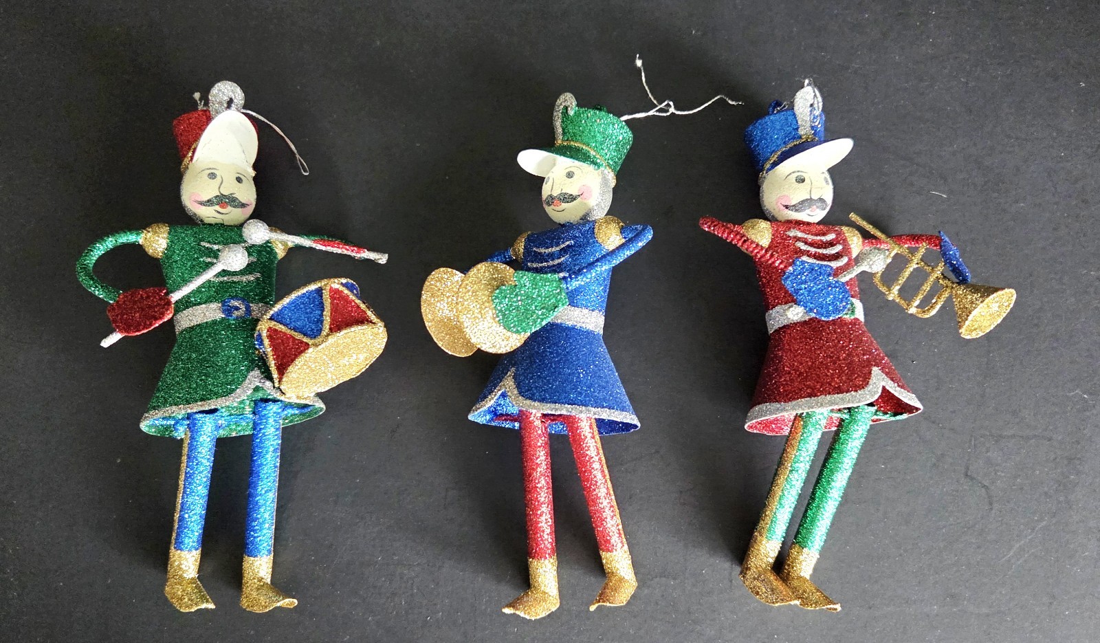 Vintage Pier 1 Imports Glitter Trio Tin Soldier Marching Band 1990 Ornaments