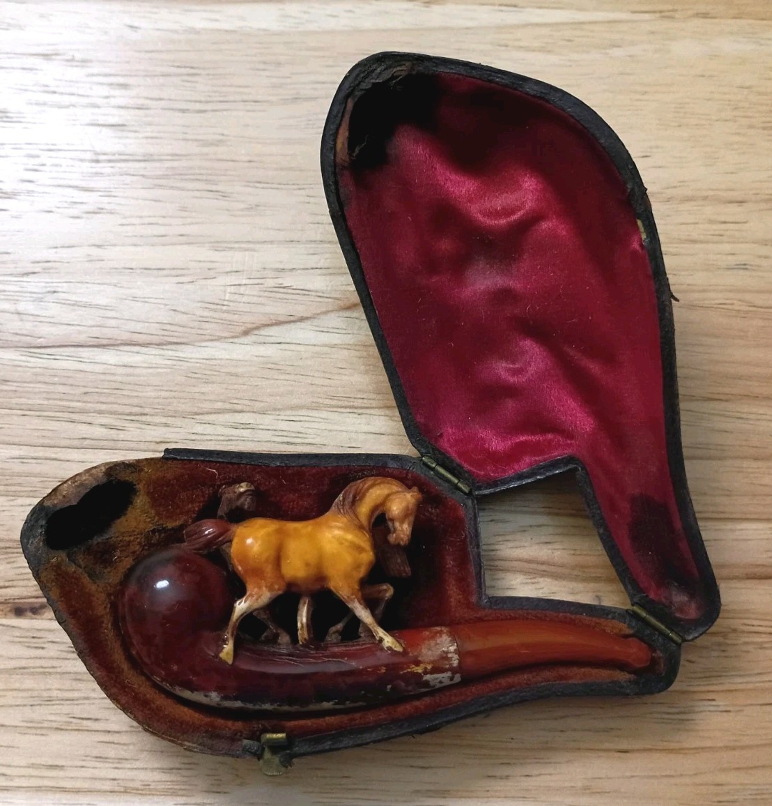 Small Old Antique Smoking Pipe Hand Carved Two Horses 2 Horse Figures & Case