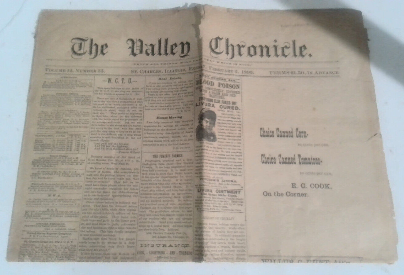 RARE Antique Newspaper The Valley Chronicle Feb 3 1893 St Charles Illinois L2C24