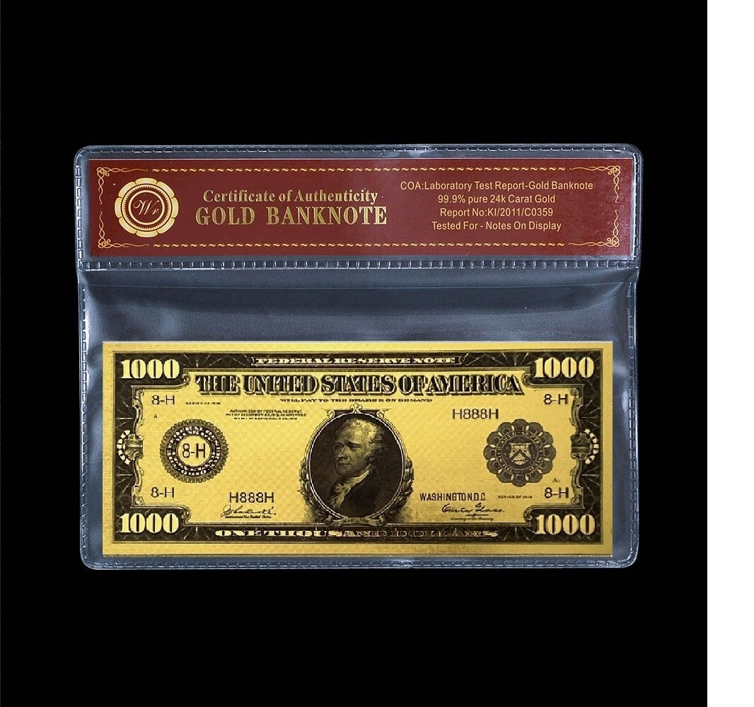 1918 Hamilton US $1000 Gold Banknote With bag and certificate of authenticity