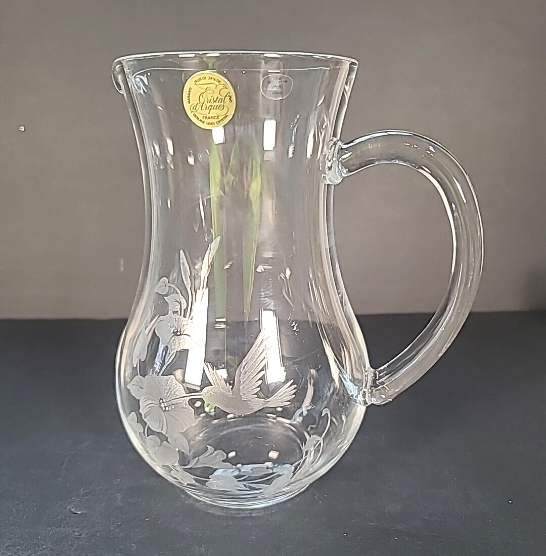 Vintage Crystal Pitcher Hummingbird Etched Design Hand Blown Made in France Avon