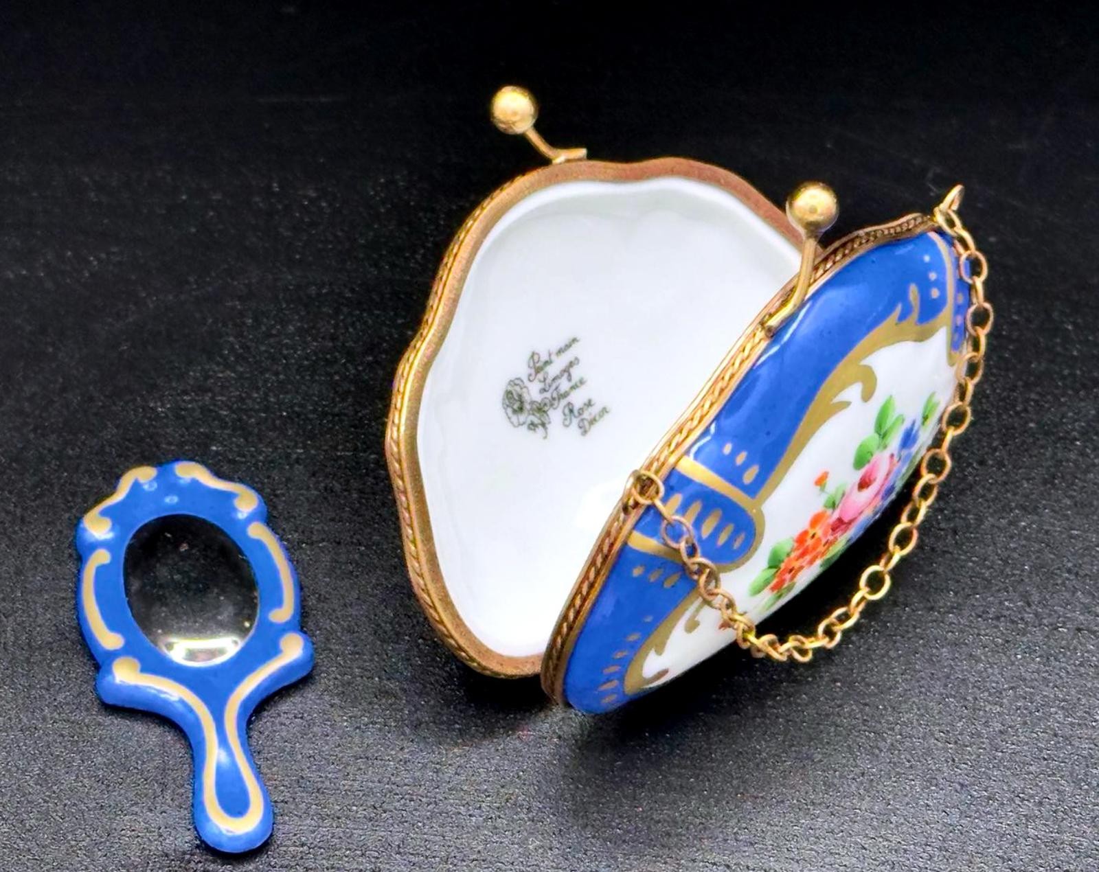 Authentic Limoges France Victorian Blue Floral Purse Trinket Box wMirror Trinket