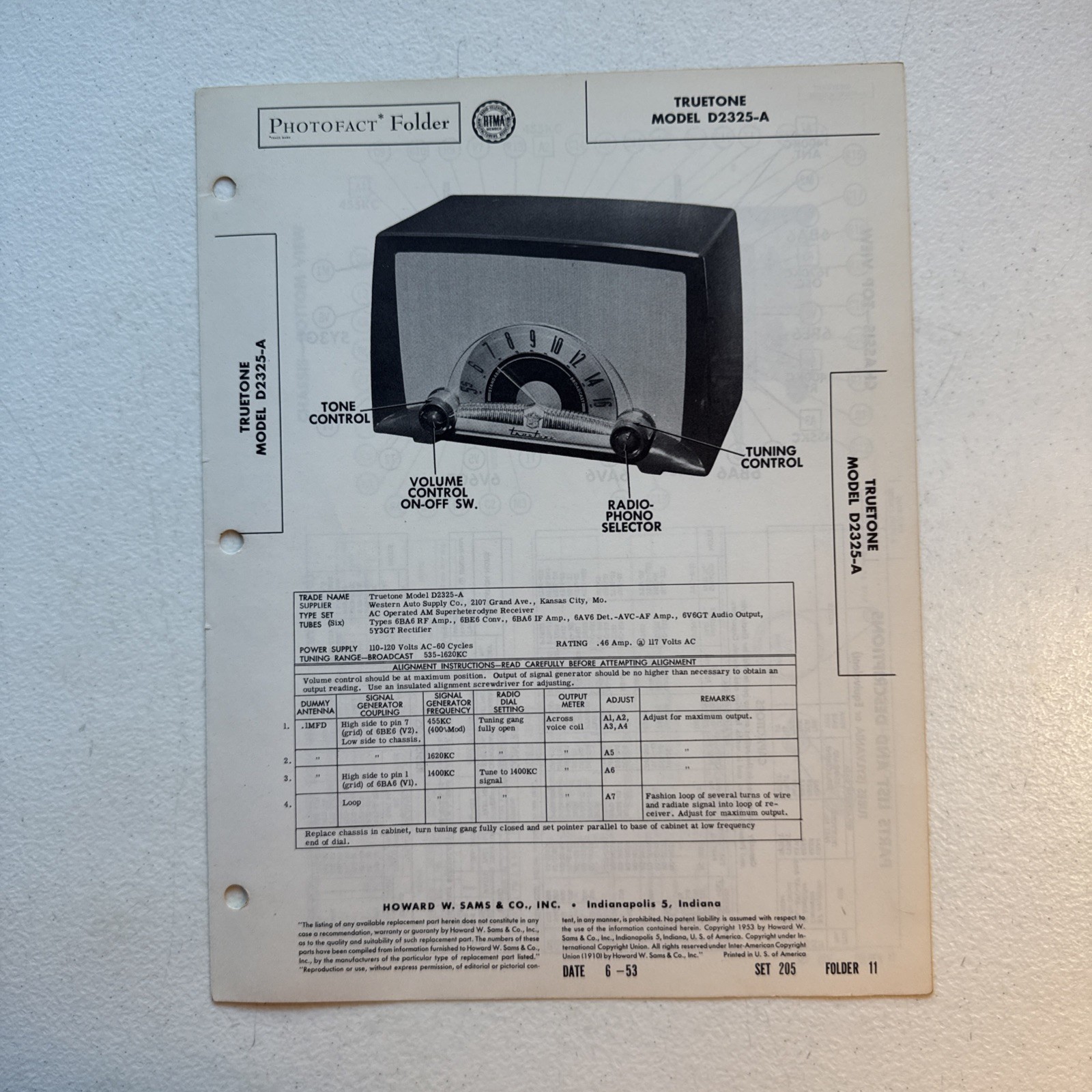 Truetone Model D2325-A Service Info Photofact Sheet Howard W. Sams & Co Truetone Model D2325-A Service Info Photofact Sheet Howard W. Sams & Co