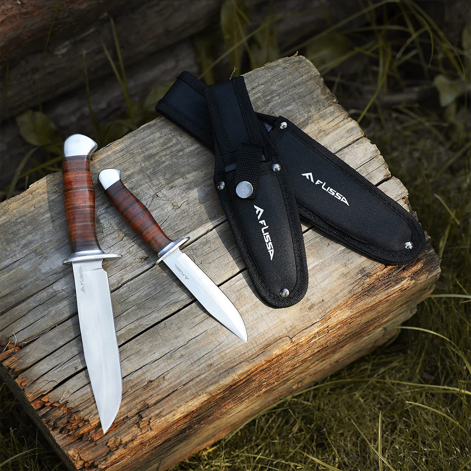 FLISSA 2-Pieces Bowie Knife Fixed Blade Hunting Knife with Sheath Leather Handle