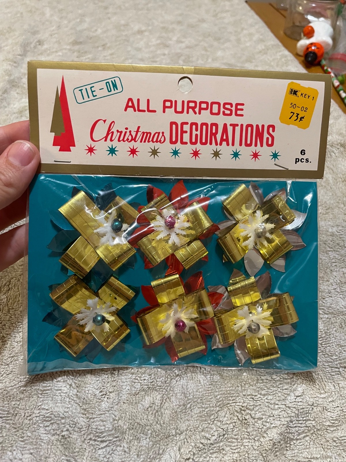 VTG KMART Tie - On Christmas Metallic Bow Tie on Set of 6 in package