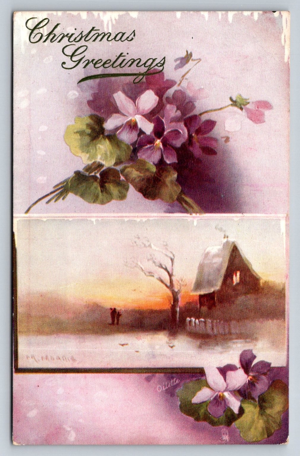 Tuck\'s Oilette Christmas Greetings Postcard Winter Cottage Lowell MA 1907