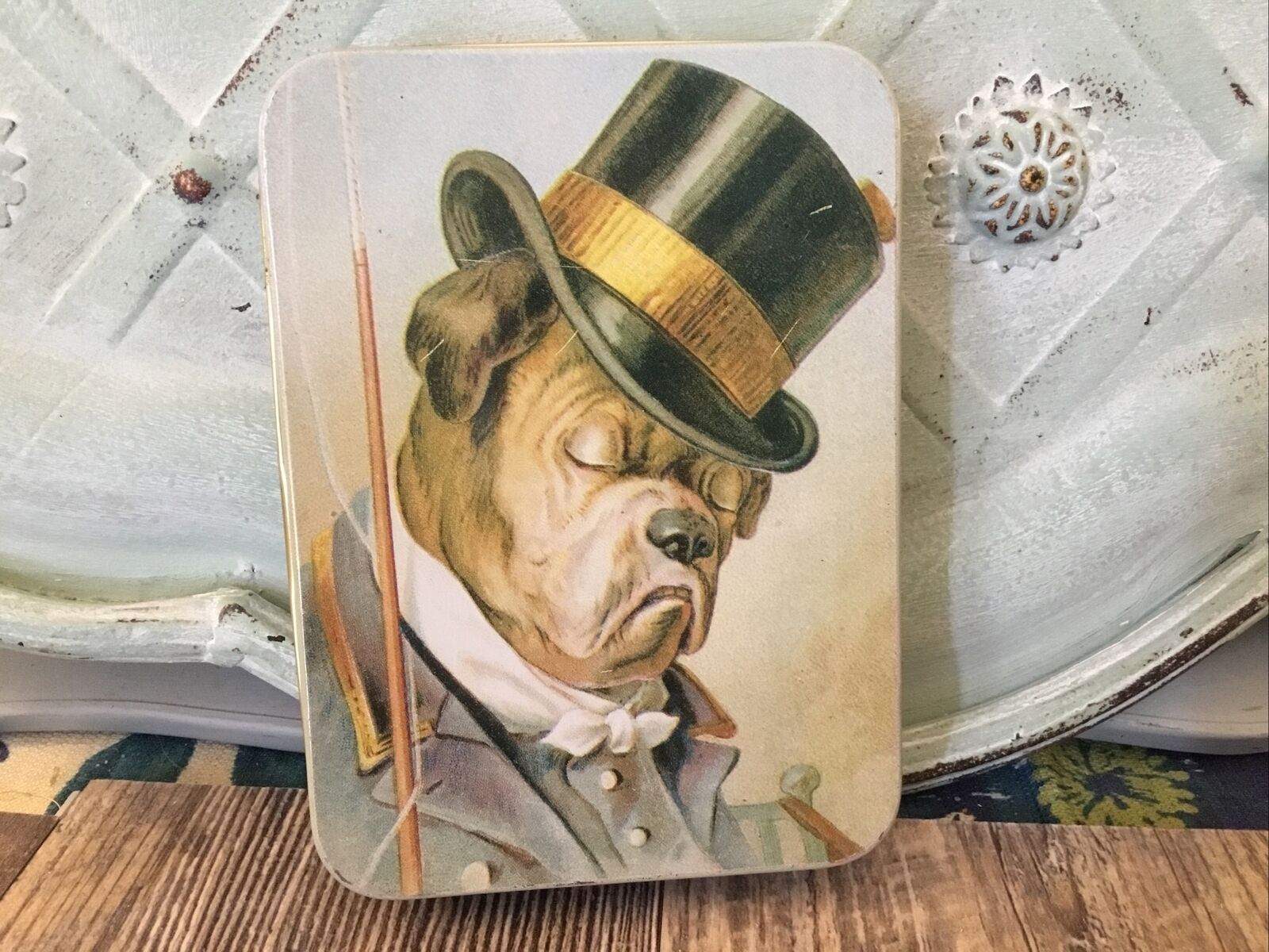 1984 Enesco Gift Gallery Top Hat Bull Dog Decorative Tin With Playing Cards 🐶