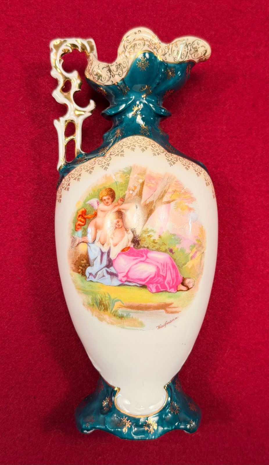 Antique Portrait Vase, Turquoise Victoria Austria, Porcelain, Signed, c1890-1910