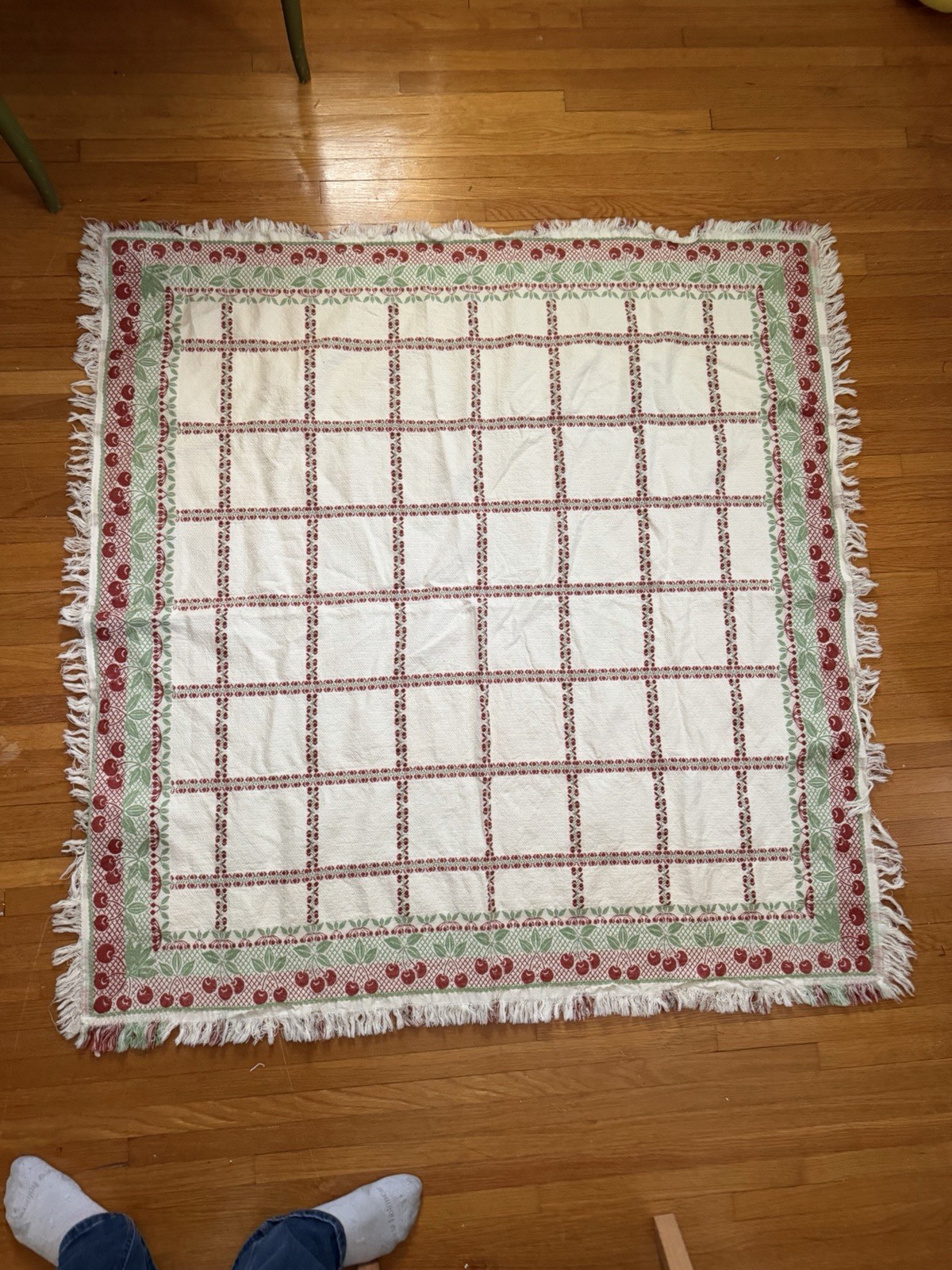 Vintage Woven Thread Tablecloth Windowpane Cherry Pattern 48x48 Red Green Square Vintage Woven Thread Tablecloth Windowpane Cherry Pattern 48x48 Red Green Square