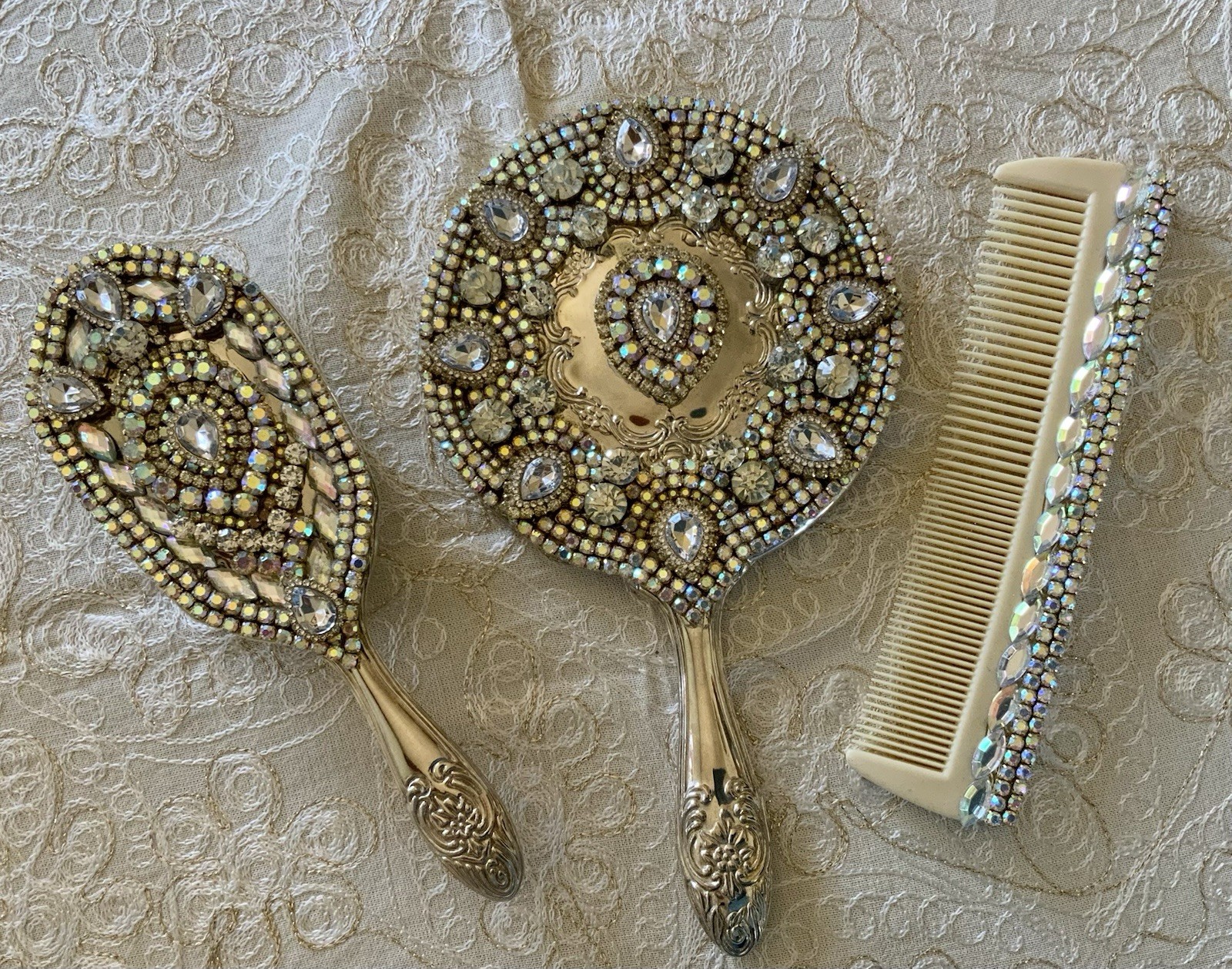 Silver Plated Rhinestone Jeweled Vanity Set Mirror Brush Comb Aurora Borealis