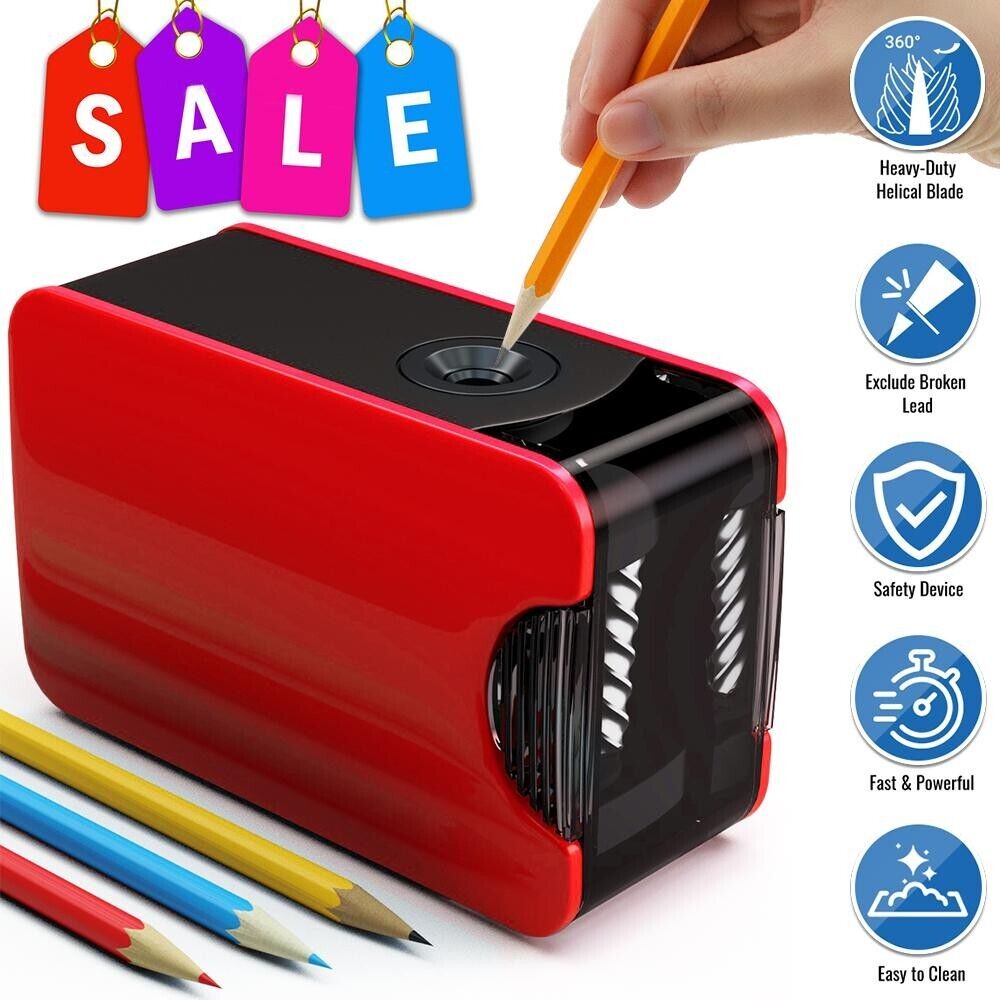 Electric Pencil Sharpener, Heavy-Duty Helical Blade; Battery Operated (Red)
