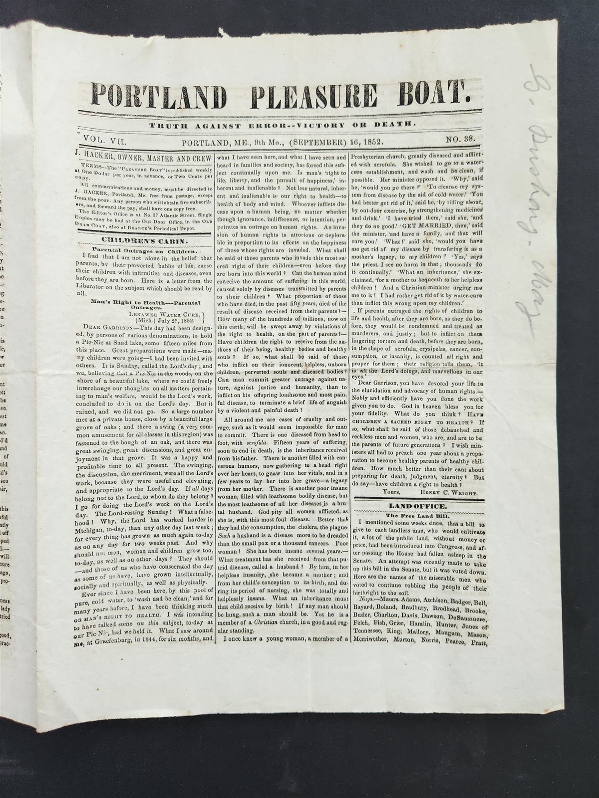 1852 antique PORTLAND PLEASURE BOAT newspaper HOMESTEAD BILL DANGEROUS WOLVES