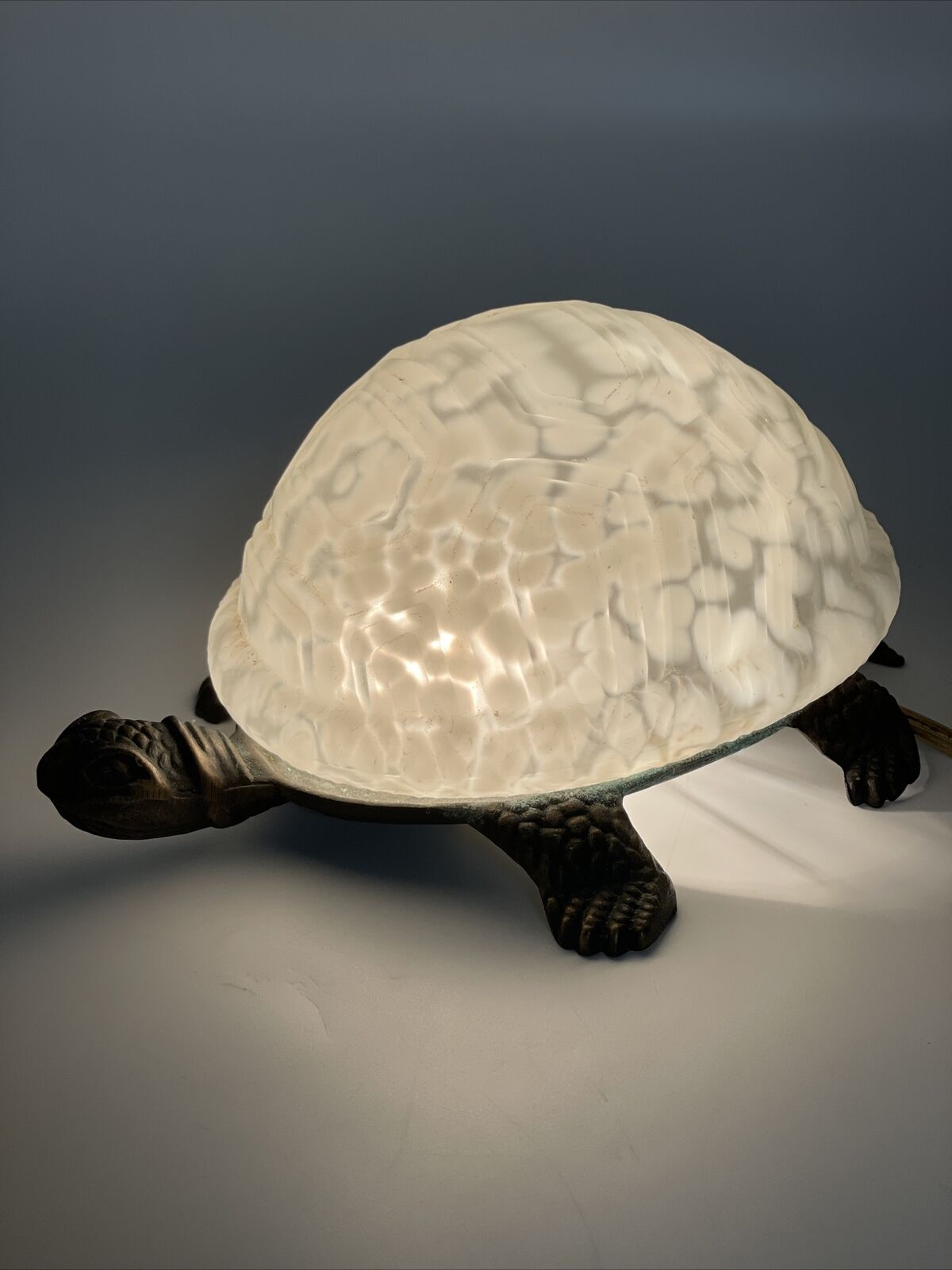 Turtle Frosted White Glass Shell Table Lamp Night Light Tiffany Style Metal Iron