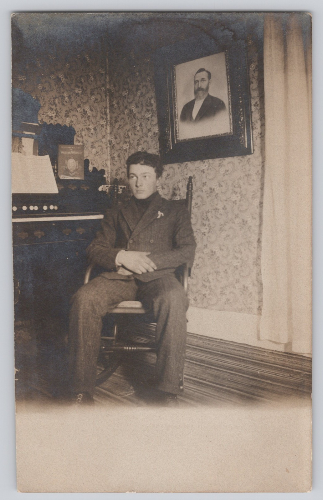 1904-1920s Antique RPPC Real Photo Postcard Handsome Young Man Seated on Porch