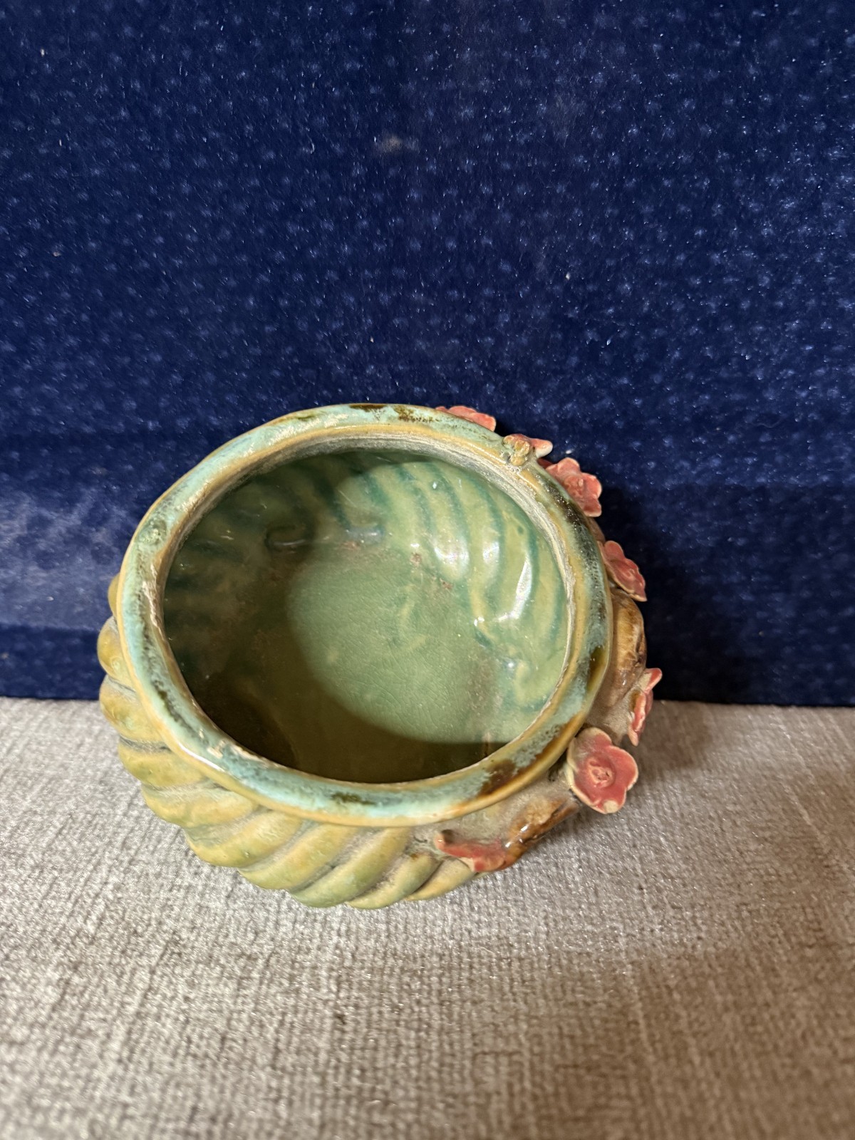 Vintage Style Ceramic Floral Planter Green Basket Weave Pink Flowers AS IS