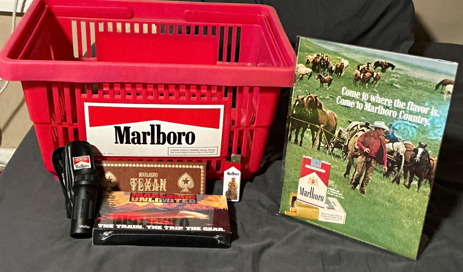Vintage Marlboro Advertising Lot Basket Sign Texan Cards Vivitar Monocular VHS