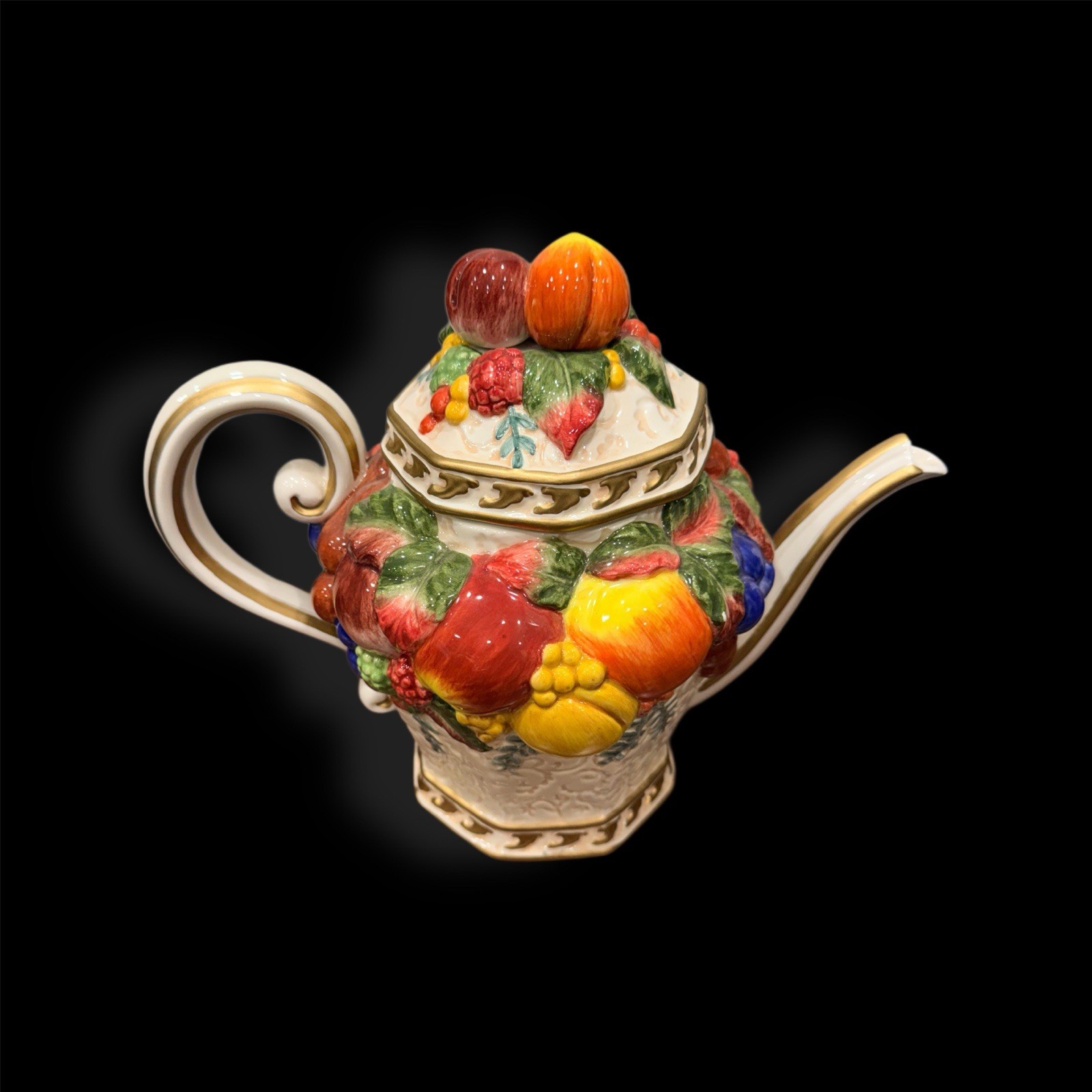 Fitz & Floyd Venezia Collection Fruit Teapot with Embossed Gold Trim Fitz & Floyd Venezia Collection Fruit Teapot with Embossed Gold Trim