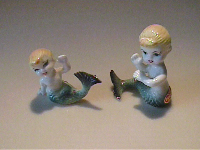 TWO VINTAGE 1960\'S MINIATURE BONE CHINA BLONDE MERMAID FISH