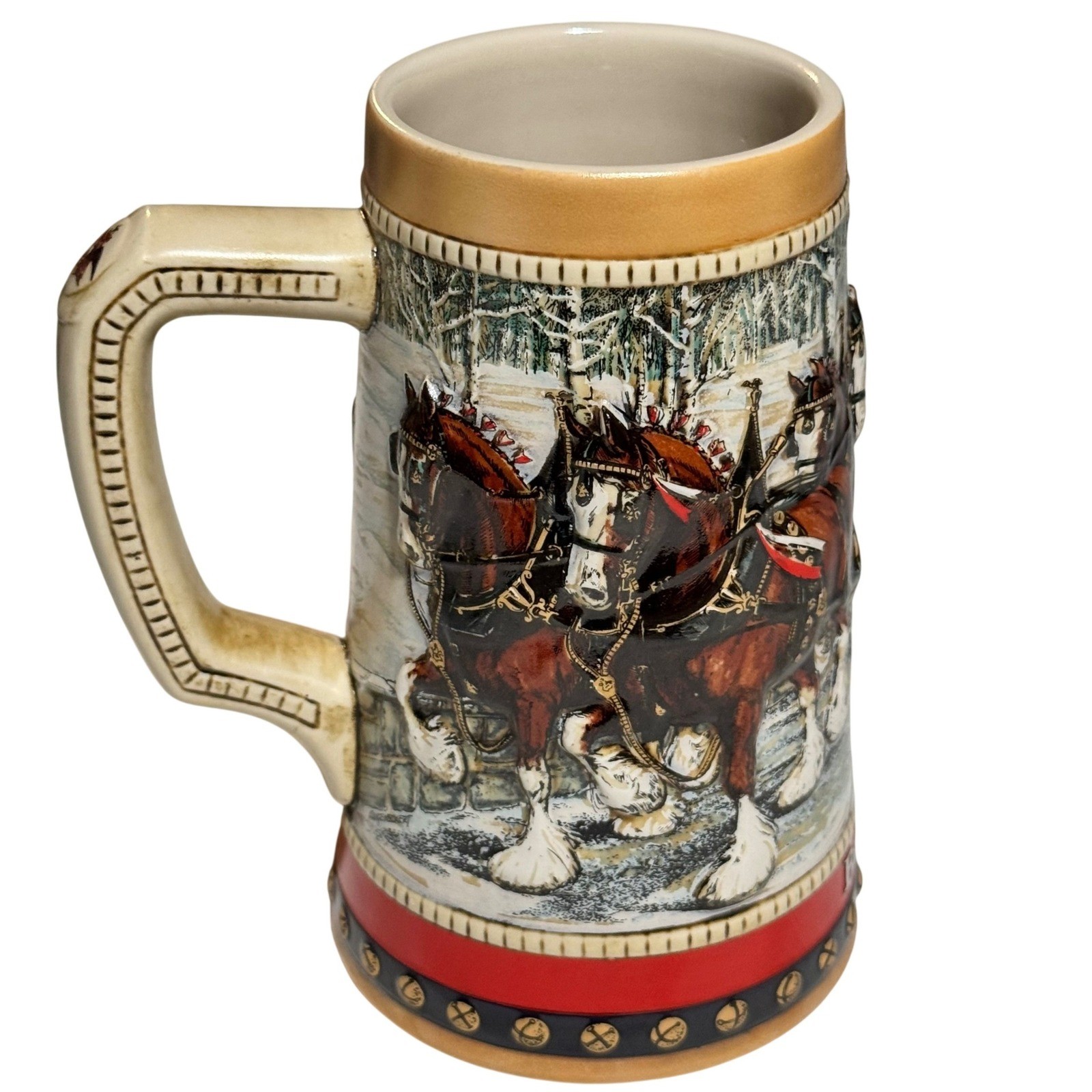 Budweiser 1988 Holiday Stein Clydesdales Crossing Bridge Ceramic Beer Mug Multi