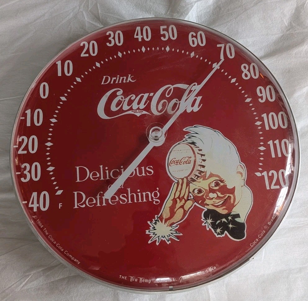 Vintage Coca-Cola Jumbo Dial Thermometer Cap Boy 1984 Tru Temp Advertising