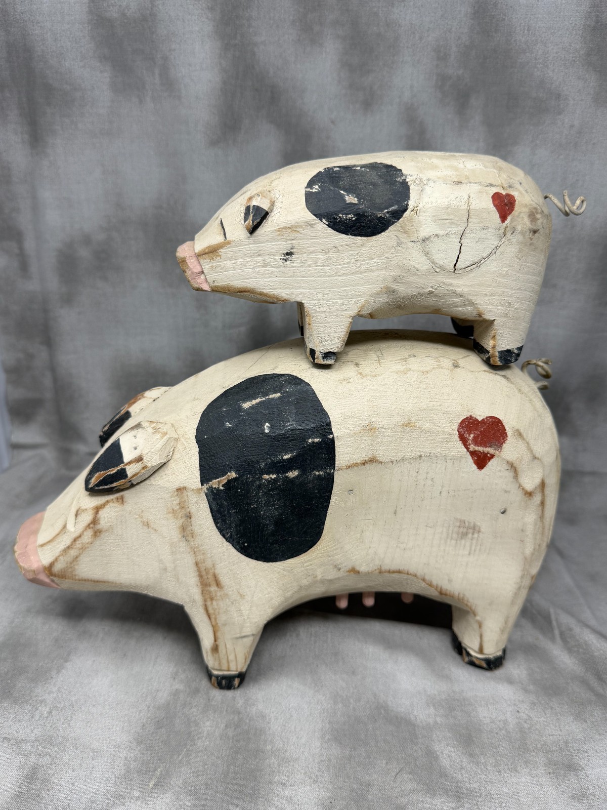 Vintage Fairfield Folk Art Carved Wood Pig Pair La Habra CA Primitive Decor