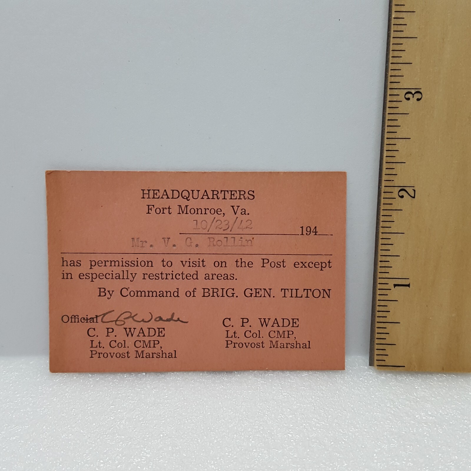 WWII Fort Monroe Base Post Pass Dated 10/23/42 - By Command of BRIG. GEN TILTON